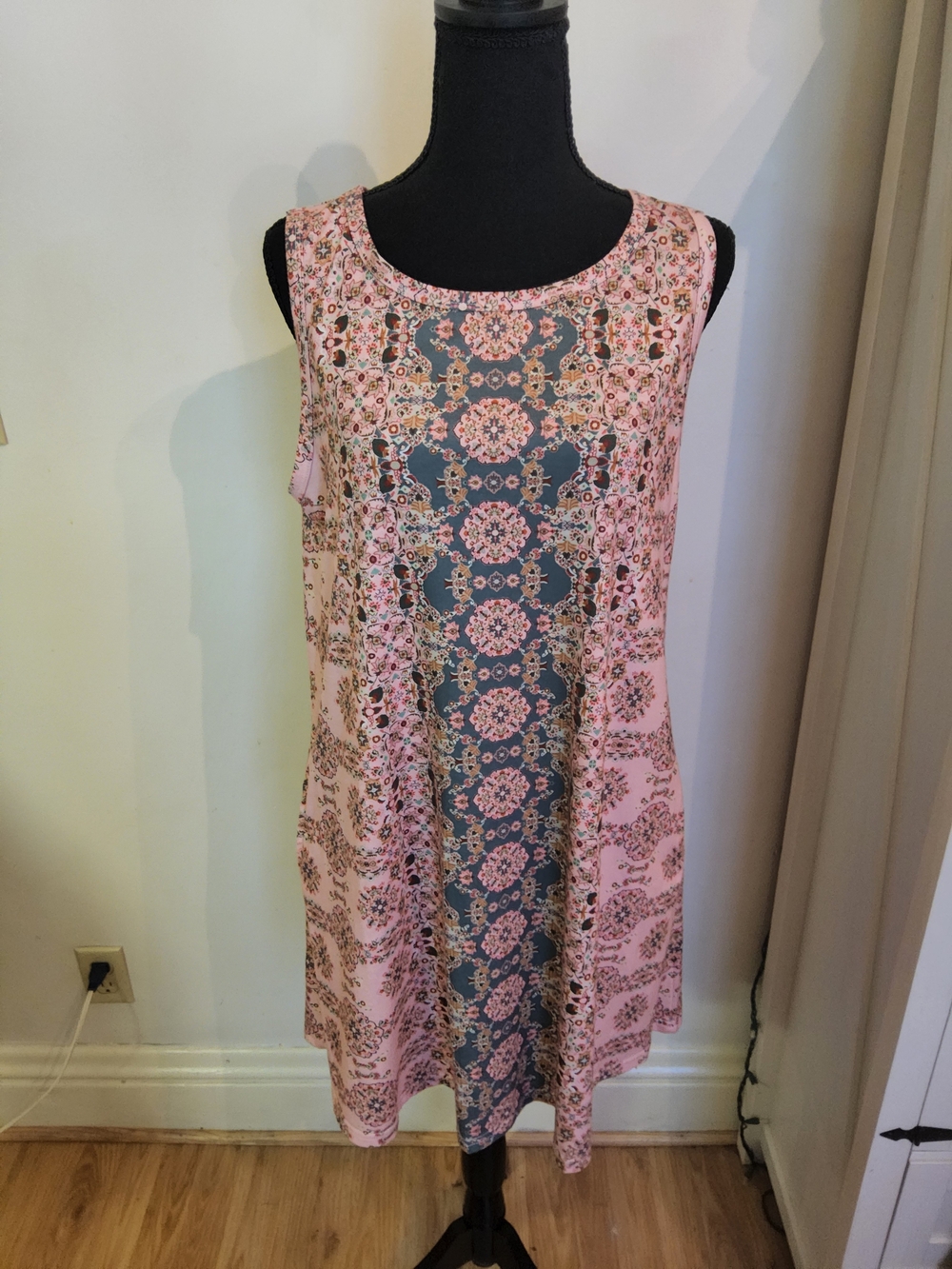 Sleeveless Pink Dress with Gray Medallion Panel